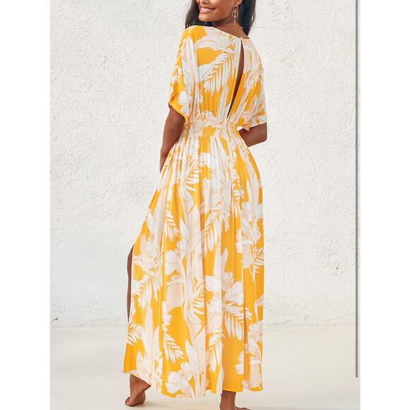 Cupshe Yellow + White Floral Print Short Sleeve V Neck Empire Waist Maxi Coverup - Picture 8 of 12